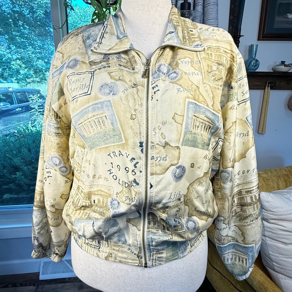 Petite Sophisticate Womens Silk Bomber Jacket Vintage 1996 Travel Map Print S
